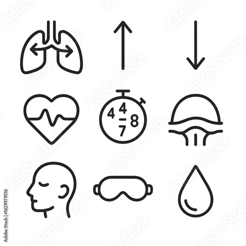 Breathing Techniques Icons. Outline icon set of breathing and relaxation techniques: lung with airflow arrows, inhale arrow up,