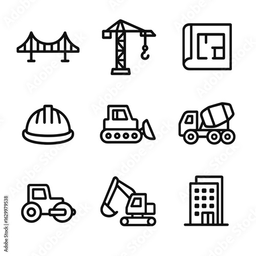 Civil Engineering Icons. Outline icon set of civil engineering elements: bridge, crane, blueprint, hard hat, bulldozer, concrete