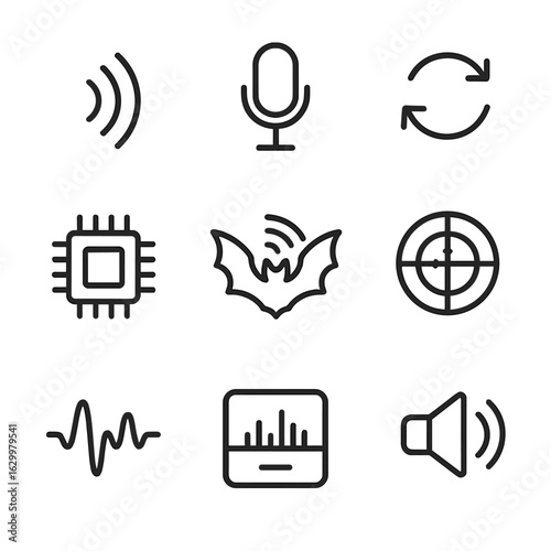 Bat Echolocation Icons. Outline icon set of bat echolocation technology: sonar pulse waves, ultrasonic microphone, echo return