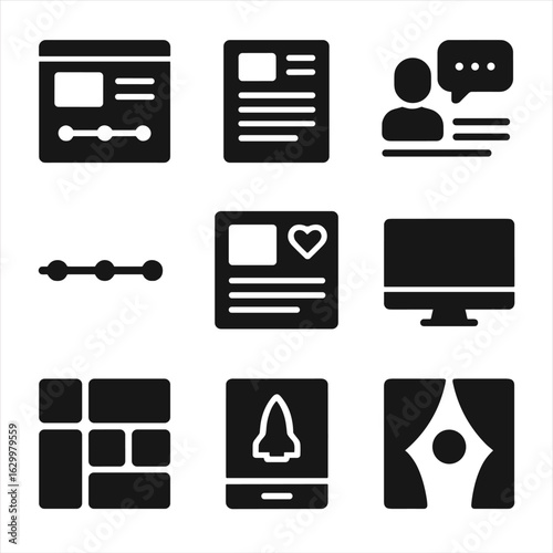 Brand Material Icons Grid. Solid, filled icons set of brand presentation materials: pitch deck, case study
