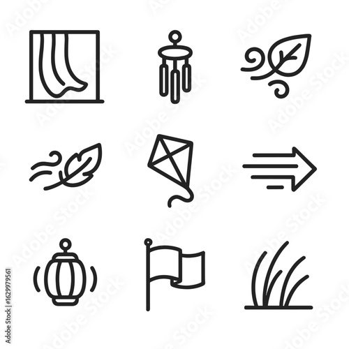 Breeze Icon Collection. Outline icon set of breeze indicators and décor: fluttering curtain, wind chime, swirling leaf, drifting
