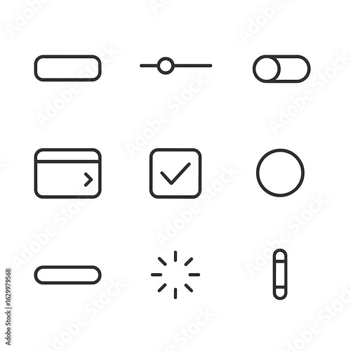 Digital Interface Icons. Outline icon set of digital interface elements: button, slider, toggle switch, dropdown menu, checkbox,