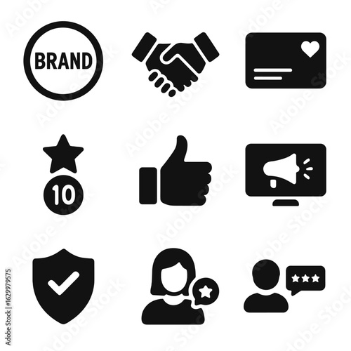Brand Loyalty Icons. Solid, filled icons set of Brand reputation and loyalty: brand logo, handshake, loyalty