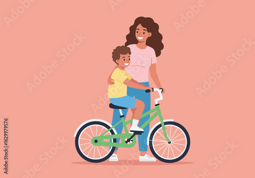 Mother and Son Riding a Green Tandem Bicycle Together, Smiling
