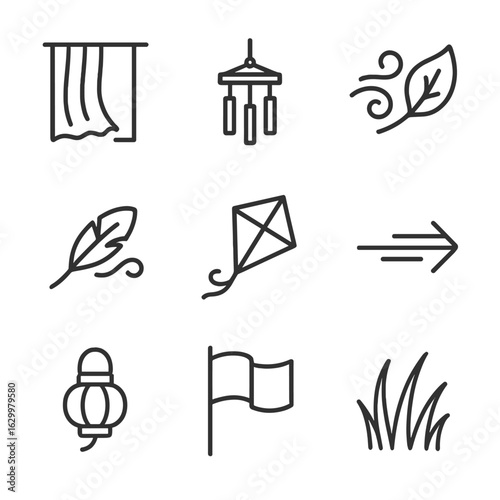 Breeze Icon Collection. Outline icon set of breeze indicators and décor: fluttering curtain, wind chime, swirling leaf, drifting