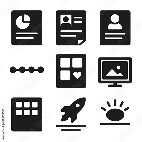 Brand Material Icons Grid. Solid, filled icons set of brand presentation materials: pitch deck, case study