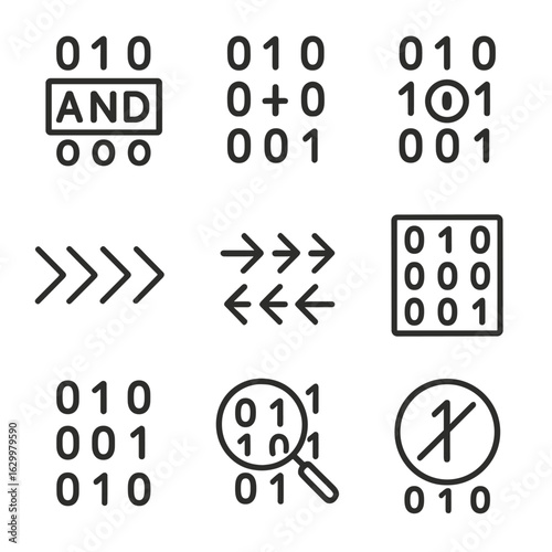 Digital Media Icons. Outline icon set of digital media: video player, podcast mic, streaming signal, media library, upload icon,