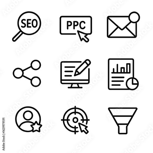 Digital Marketing Icons. Outline icon set of digital marketing: SEO magnifier, PPC click, email campaign, social media share,