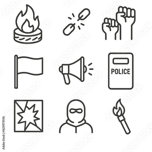 Civil Unrest Icons. Outline icon set of civil unrest: burning tire, broken chains, raised fists, riot police shield, protest flag,