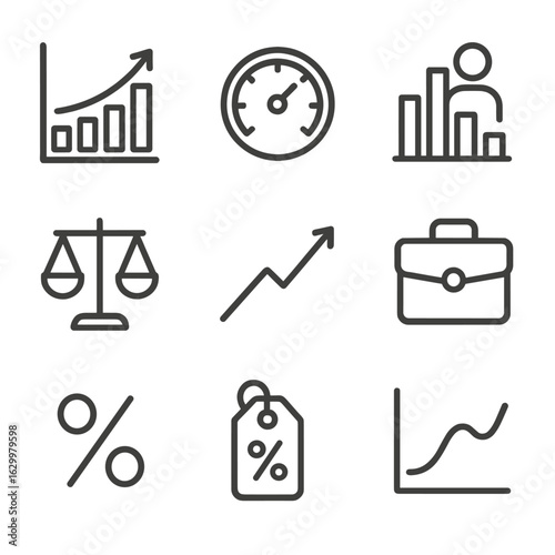 BRICS Economic Icons. Outline icon set of BRICS economic indicators: GDP growth chart, inflation gauge, unemployment rate bar,