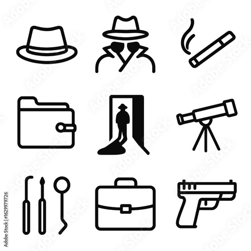 Classic Spy Icon Set. Outline icon set of classic spy imagery: fedora hat, trench coat, smoking cigarette, secret dossier,