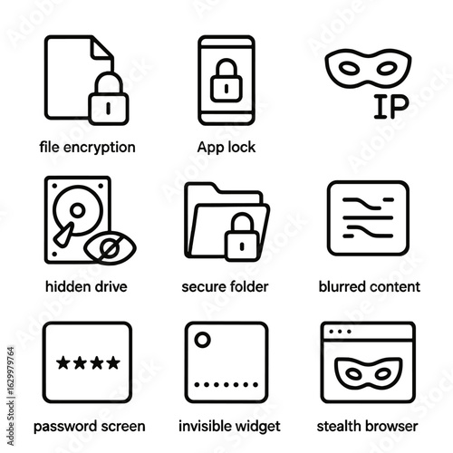 Digital Security Icons. Outline icon set of digital concealment: file encryption, app lock, masked IP, hidden drive, secure folder