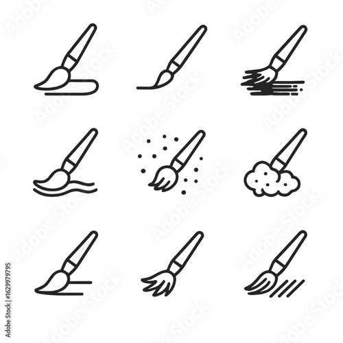Brush Technique Icons. Outline icon set of brush techniques: broad stroke, fine line, dry brush, wet wash, stippling, scumbling,
