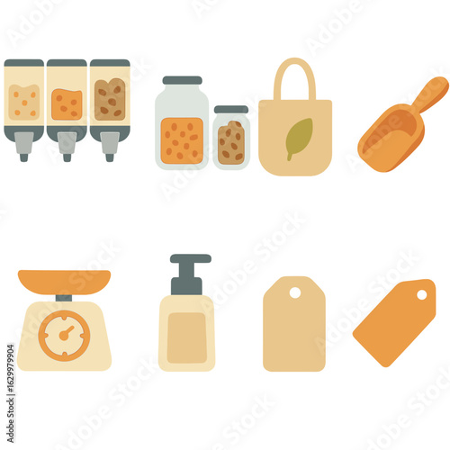 Bulk Shopping Icons. Flat vector mini-illustrations refill stations and bulk shopping in colors children's illustrations: bulk