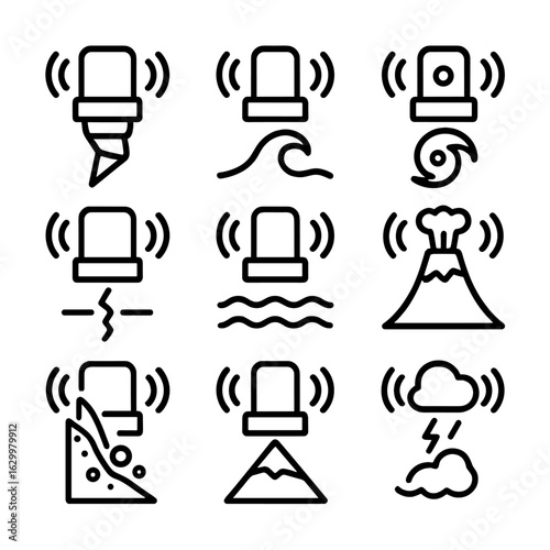 Disaster Alert Icons. Outline icon set of natural disaster alerts: tornado siren, tsunami warning siren, hurricane alert siren,
