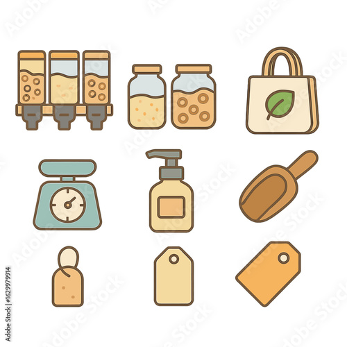Bulk Shopping Icons. Flat vector mini-illustrations refill stations and bulk shopping in colors children's illustrations: bulk