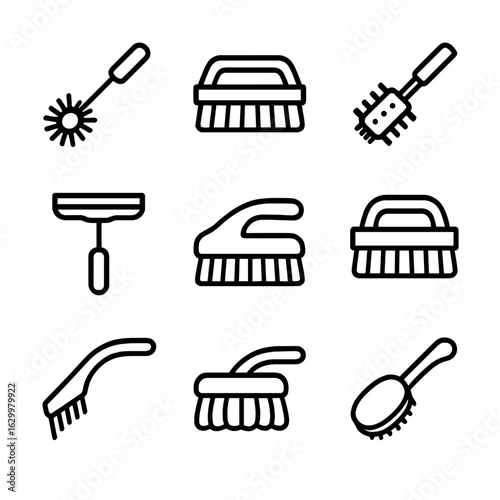 Cleaning Brush Icon Set. Outline icon set of cleaning brushes: toilet brush, shoe brush, grill brush, window brush, upholstery