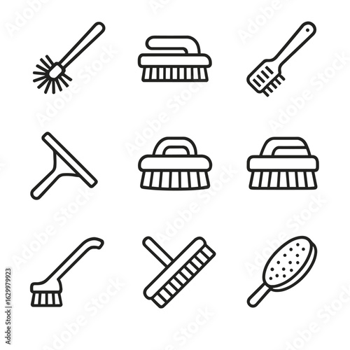 Cleaning Brush Icon Set. Outline icon set of cleaning brushes: toilet brush, shoe brush, grill brush, window brush, upholstery