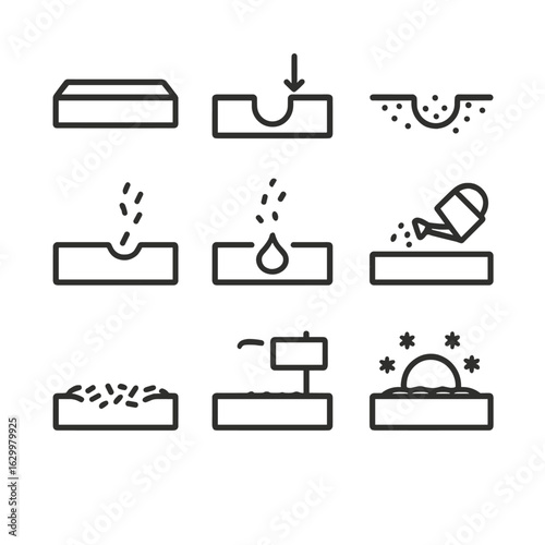 Bulb Planting Icons. Outline icon set of bulb planting steps: cleared garden bed, measured planting depth, hole dug in soil, bulb