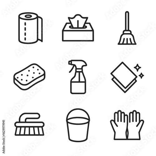 Cleaning Supplies Icons. Outline icon set of cleaning supplies: paper towels, tissue box, mop, sponge, cleaning spray, dust cloth,