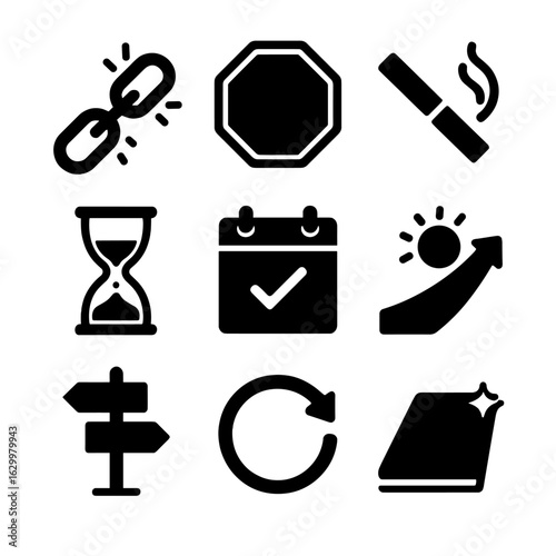 Breaking Bad Habits Icons. Solid, filled icons set of breaking bad habits: broken chain, stop sign,