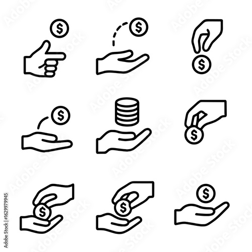 Coin Gesture Icons. Outline icon set of coin gestures: coin flip, coin toss, coin drop, coin spin, coin stack, coin grab, coin