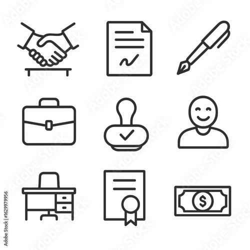 Business Deal Icons. Outline icon set of closing business deal: handshake across desk, signed contract, fountain pen, briefcase,