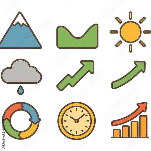 Business Cycle Icons. Flat vector mini-illustrations business cycle phases in colors children's illustrations: peak mountain,