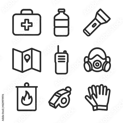Disaster Preparedness Icons. Outline icon set of disaster preparedness: emergency kit, water container, flashlight, map,