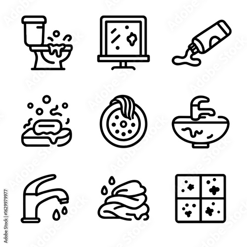 Dirty Bathroom Icons. Outline icon set of dirty bathroom icons: clogged toilet, dirty mirror, toothpaste mess, soap scum, hair in
