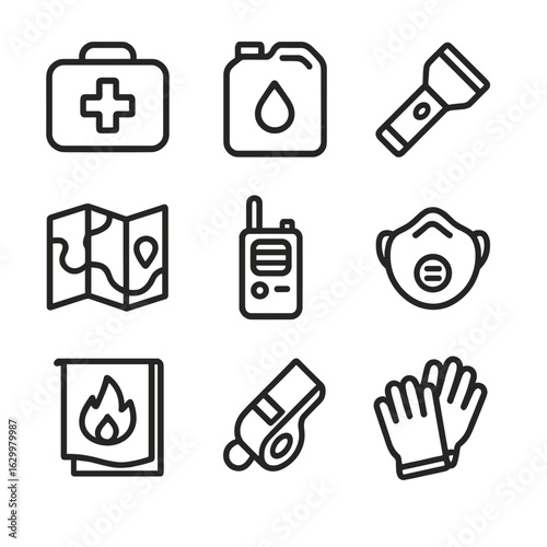 Disaster Preparedness Icons. Outline icon set of disaster preparedness: emergency kit, water container, flashlight, map,
