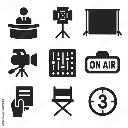 Broadcast Studio Icons. Solid, filled icons set of broadcast studio setup: news anchor desk, light panel,