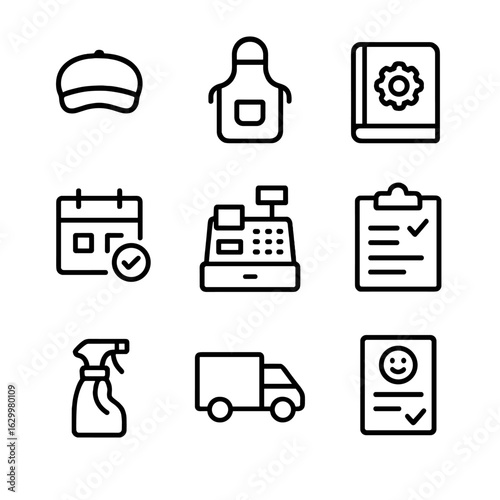 Cafe Operations Icons. Outline icon set of staff and operations checklist: barista hat, apron uniform, training manual, shift