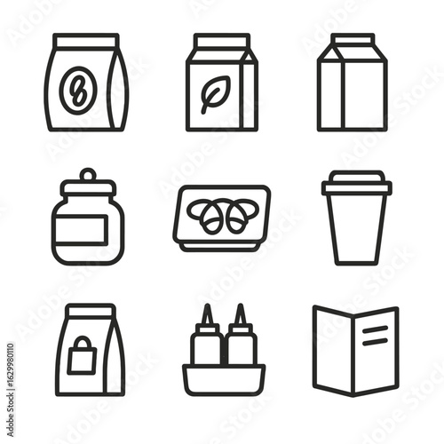 Cafe Supplies Icons. Outline icon set of menu and supplies checklist: coffee beans bag, tea box, milk carton, sugar jar, pastry