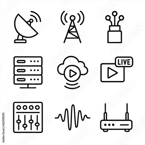 Broadcasting Tech Icons. Outline icon set of broadcasting technology: satellite dish, signal tower, fiber