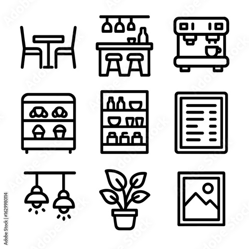 Cafe Setup Icon Set. Outline icon set of café interior setup checklist: dining table, bar counter, coffee machine, pastry display