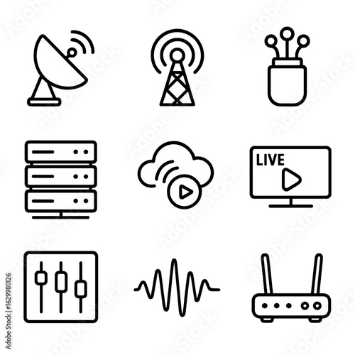 Broadcasting Tech Icons. Outline icon set of broadcasting technology: satellite dish, signal tower, fiber