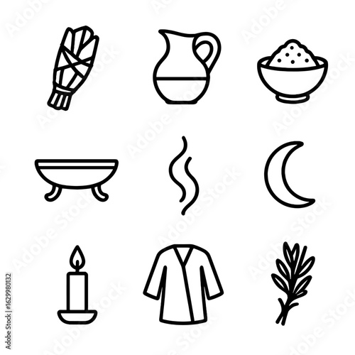 Cleansing Ritual Icons. Outline icon set of cleansing rituals: sage bundle, water jug, salt bowl, ritual wash basin, smoke plume,