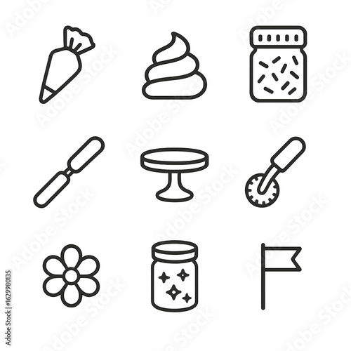 Cake Decorating Tools. Outline icon set of cake decorating tools: piping bag, frosting swirl, sprinkles jar, offset spatula, cake