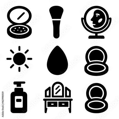 Bronzing Powder Icons. Solid, filled icons set of bronzing powder in use: bronzing powder compact, makeup