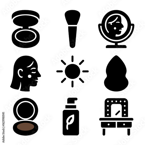 Bronzing Powder Icons. Solid, filled icons set of bronzing powder in use: bronzing powder compact, makeup