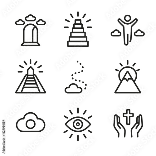 Divine Ascent Icons. Outline icon set of divine ascent: sky door, glowing stairway, soul rise, final path, spirit trail, radiant