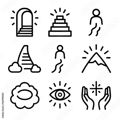 Divine Ascent Icons. Outline icon set of divine ascent: sky door, glowing stairway, soul rise, final path, spirit trail, radiant