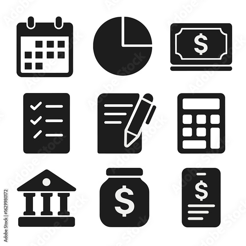 Budget Planning Icons. Solid, filled icons set of Budget planning: calendar, pie chart, money stack, checklist