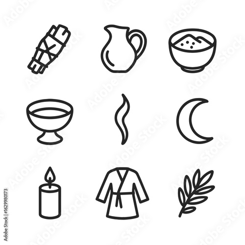 Cleansing Ritual Icons. Outline icon set of cleansing rituals: sage bundle, water jug, salt bowl, ritual wash basin, smoke plume,