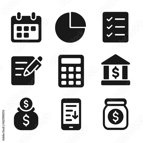 Budget Planning Icons. Solid, filled icons set of Budget planning: calendar, pie chart, money stack, checklist