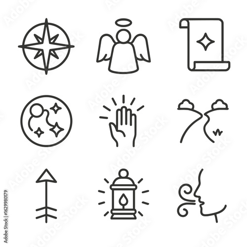 Divine Guidance Icons. Outline icon set of divine guidance: compass star, guardian light, destiny scroll, celestial map, divine