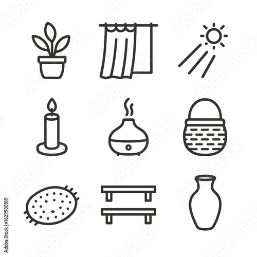 Calming Room Icons. Outline icon set of calming room elements: potted plant, sheer curtain, sunbeam, floor candle, essential oil