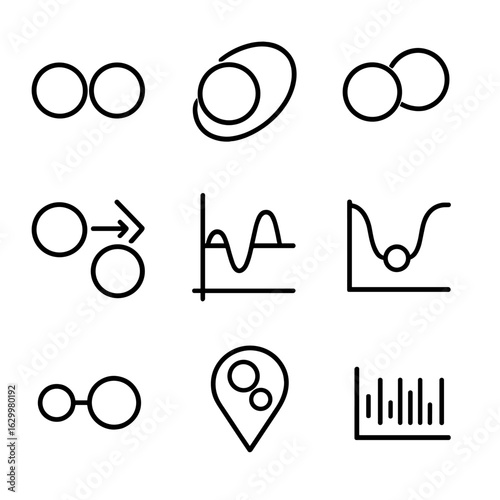 Binary Star Icon Set. Outline icon set of binary star systems: dual star silhouettes, orbital path, eclipsing orbit, mass transfer
