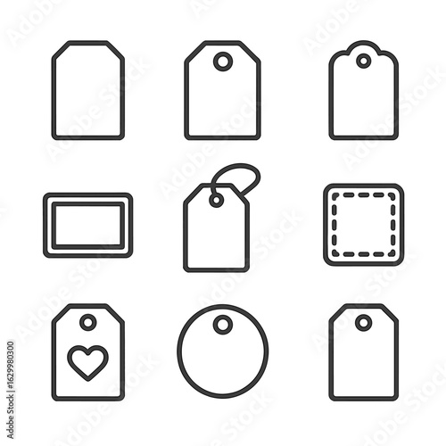 DIY Tag Icon Set. Outline icon set of DIY tags: blank kraft tag, hole-punched tag, scalloped edge tag, mini chalkboard tag, twine